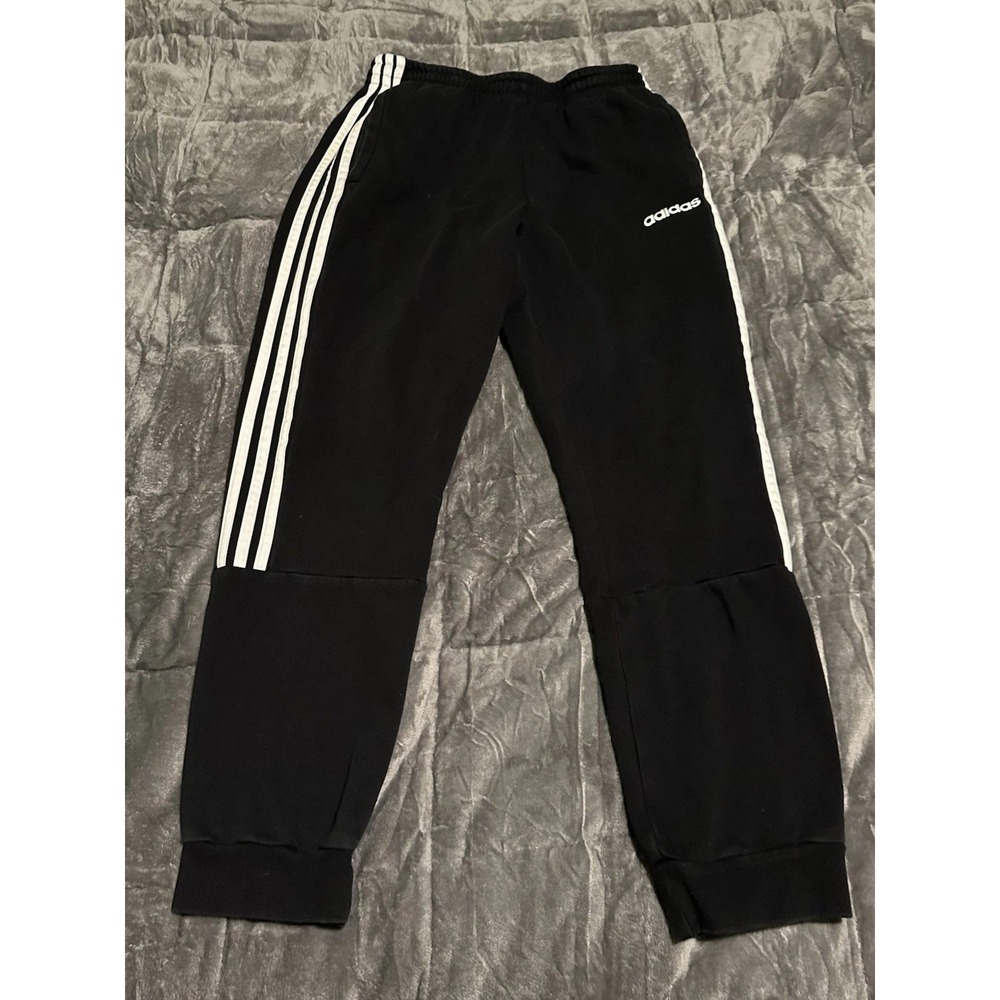 Adidas Mens Fleece Lined Joggers Black White 3 Stripe Sweatpants Size M